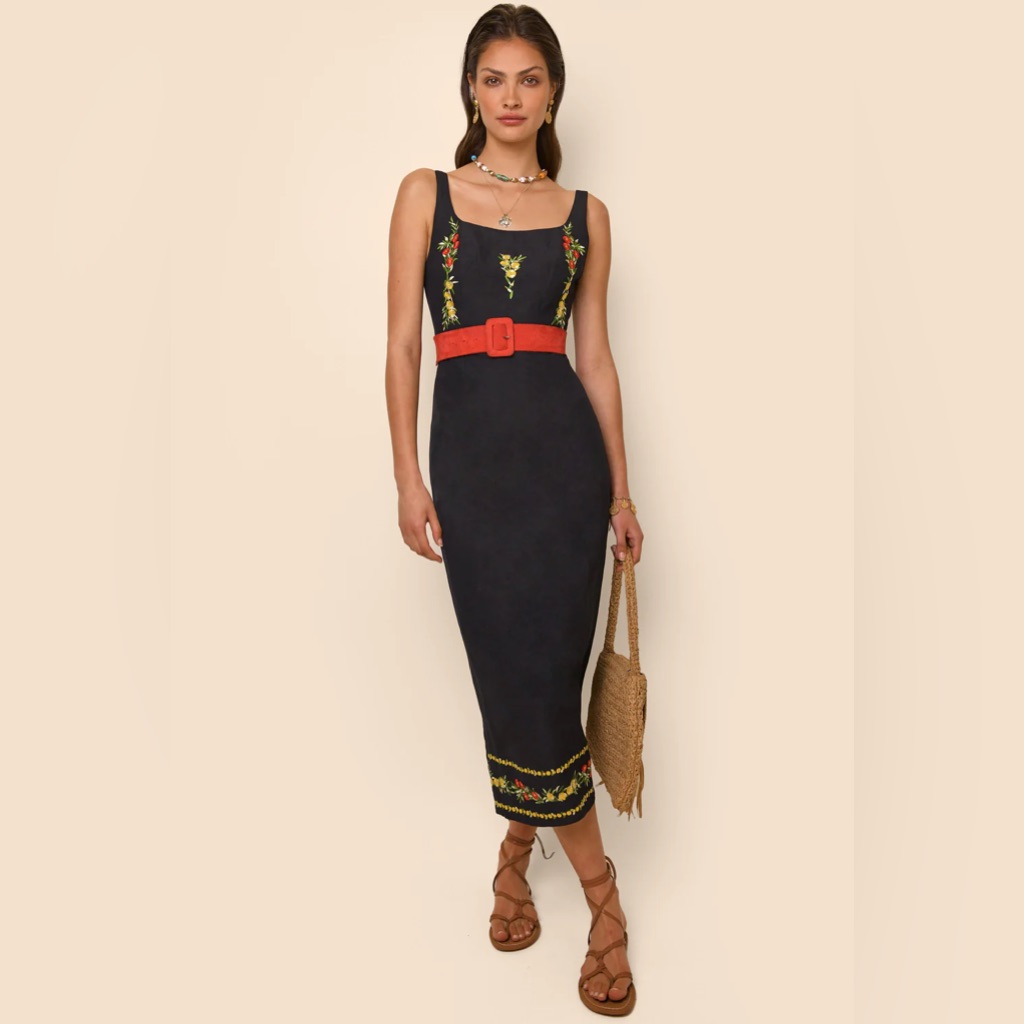 Rixo Black Midi Dress With Red And Yellow Accents